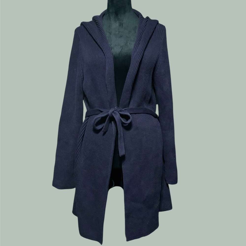 Eddie Bauer Long Navy Blue Hooded Knit Cardigan